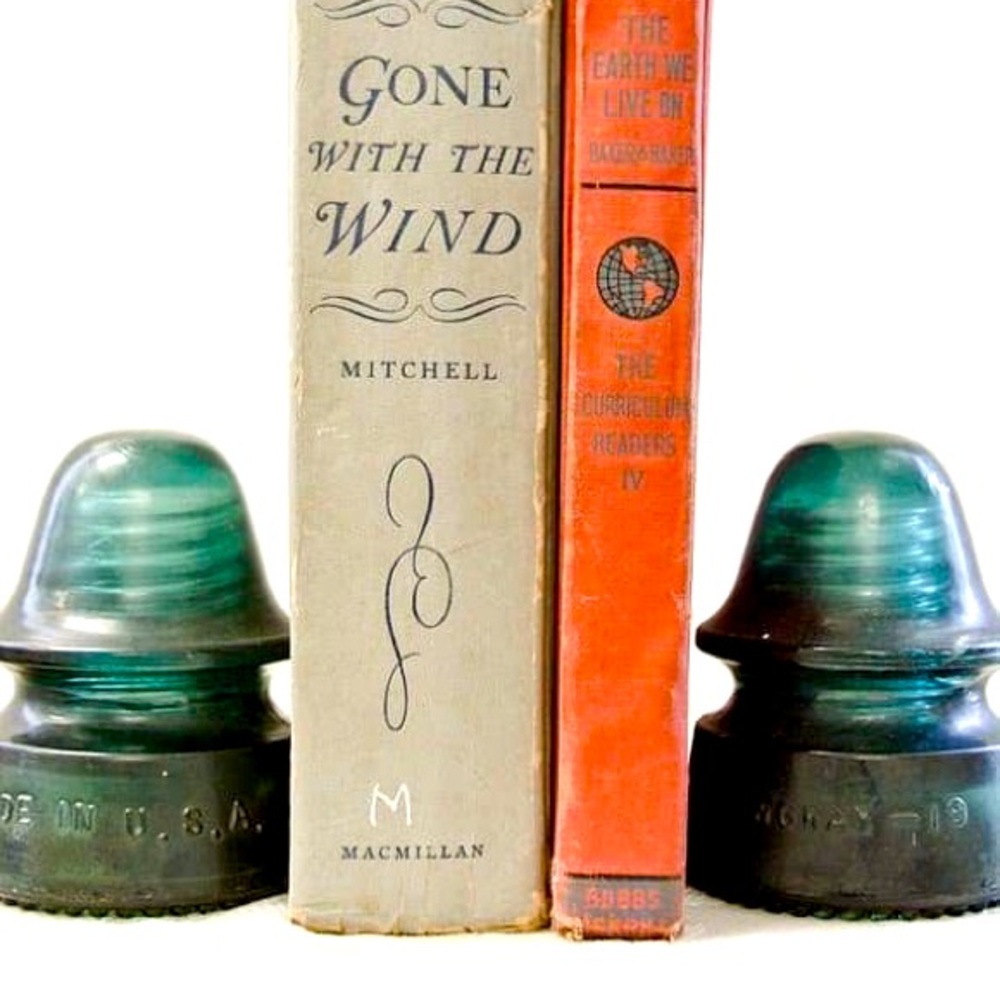 •Antique Glass Aqua Colored Hemingray Insulators ~ Bookends + Farmhouse Decor• - Picture 1 of 4
